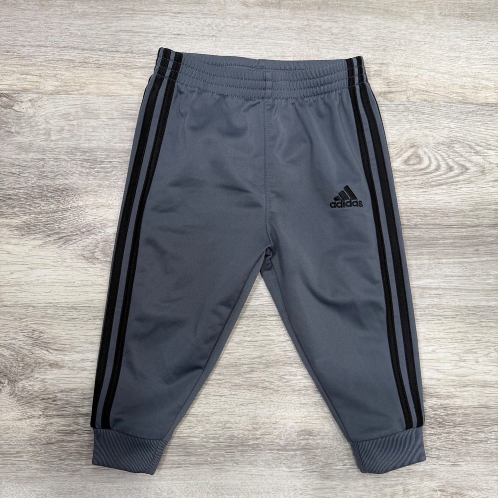 Kids Adidas Jogger Pants Gray Black Stripes Elastic Waist‎ Size 12 Months